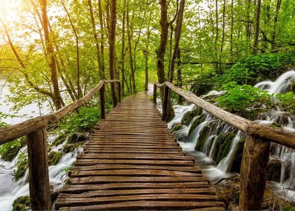 Beautiful view of waterfalls and pathway in Plitvice Lakes National Park. — Stock Photo, Image