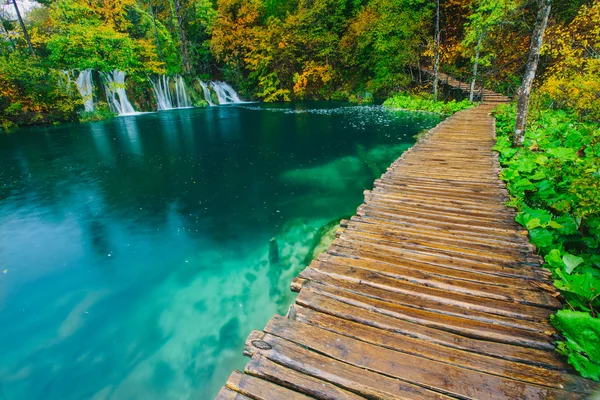 Dřevěný most na modré barevné vody jezera v národním parku Plitvická, Evropa — Stock fotografie