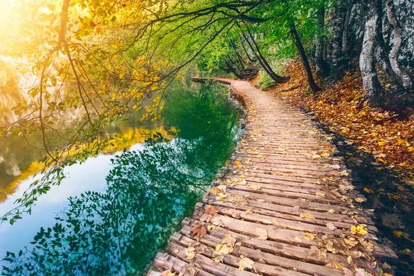 Holzbrücke über den blau gefärbten Wassersee im Plitvicer Nationalpark, Europa — Stockfoto