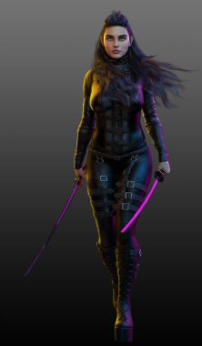 Çift Katana Kılıçlı Bilimkurgu Siber Savaşçısı