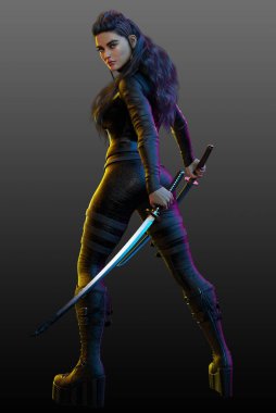 Çift Katana Kılıçlı Bilimkurgu Siber Savaşçısı
