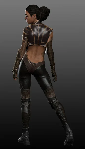 Urban Fantasy Woman Poc Sci Dystopian Woman Brown Leather — Stock Photo, Image