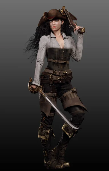 Steampunk Fantasy Vrouwelijke Piraat Met Cutlass Pistol — Stockfoto