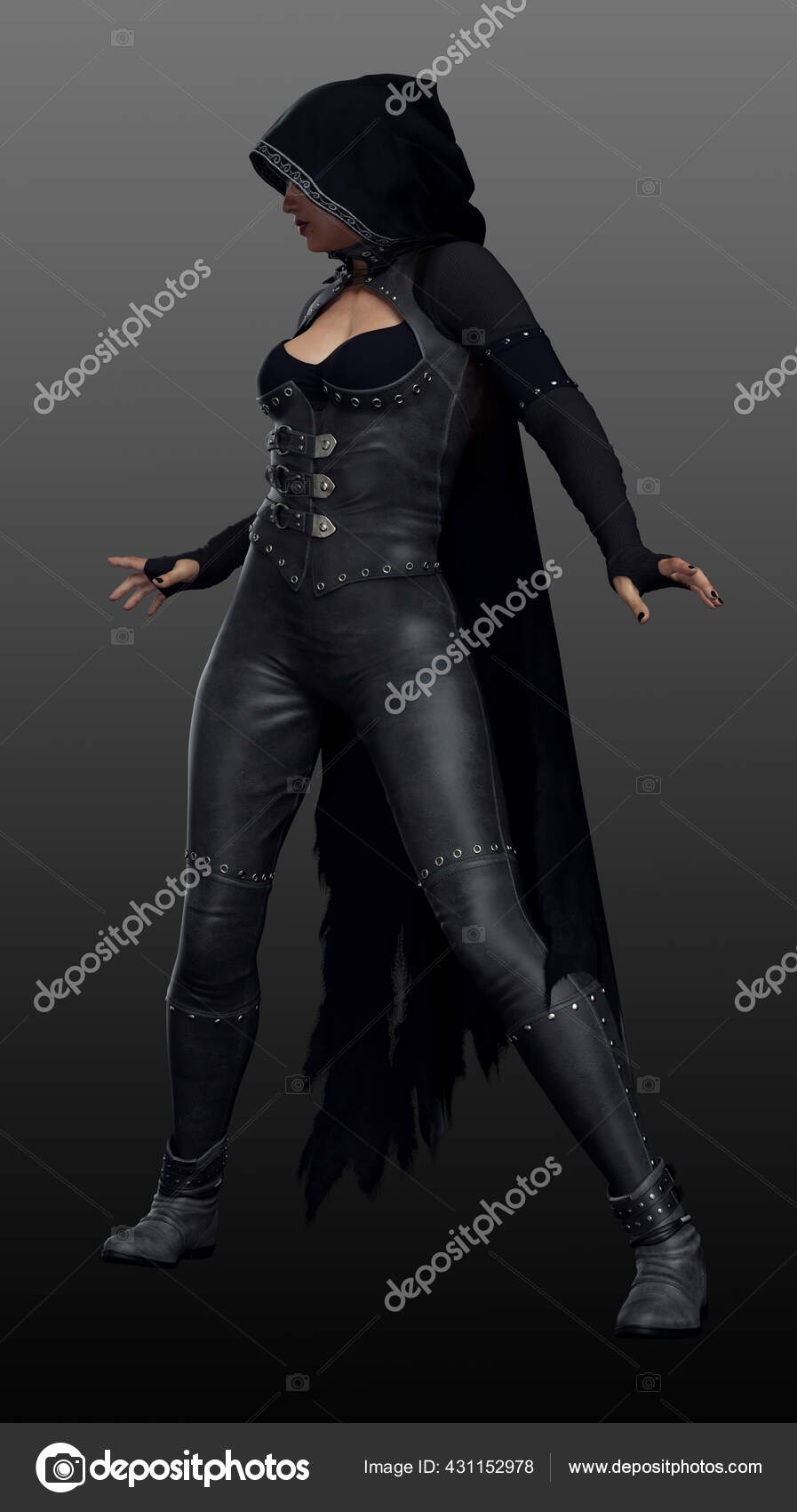 Fantasy Goth Assassin Black Leather Hooded Cloak Blades Stock Photo by