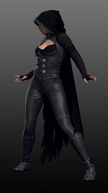 Siyah Deri Kapüşonlu Pelerin ve Bıçaklı Fantezi Gotik Suikastçı