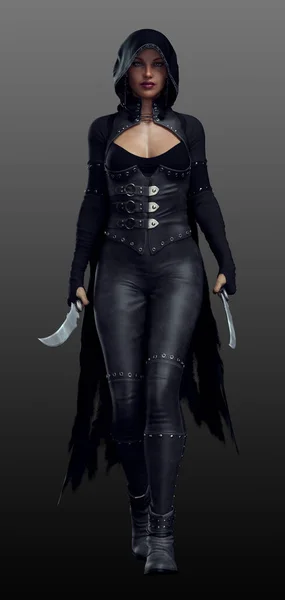 Fantasy Goth Assassin Cuero Negro Con Capucha Capa Cuchillas — Foto de Stock