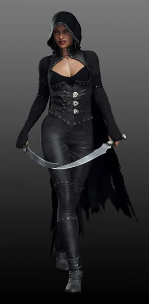 Fantasy Goth Assassin Cuero Negro Con Capucha Capa Cuchillas — Foto de Stock