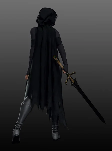 Fantasy Goth Assassin Cuero Negro Con Capucha Capa Cuchillas —  Fotos de Stock