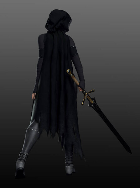 Фантазийный готический убийца в черном кожаном плаще и лезвиях