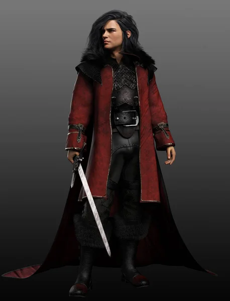 Fantasy Male Red Greatcloak Sword Leather Armor — Stock Photo, Image