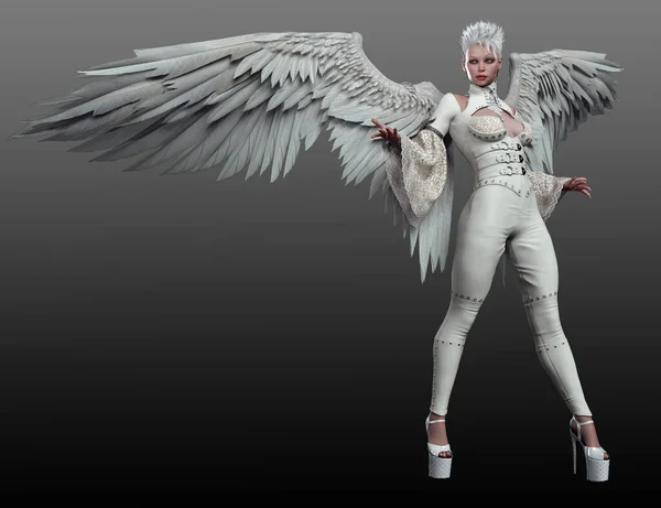 Punk Angel Cuir Blanc Avec Ailes Blanches — Photo