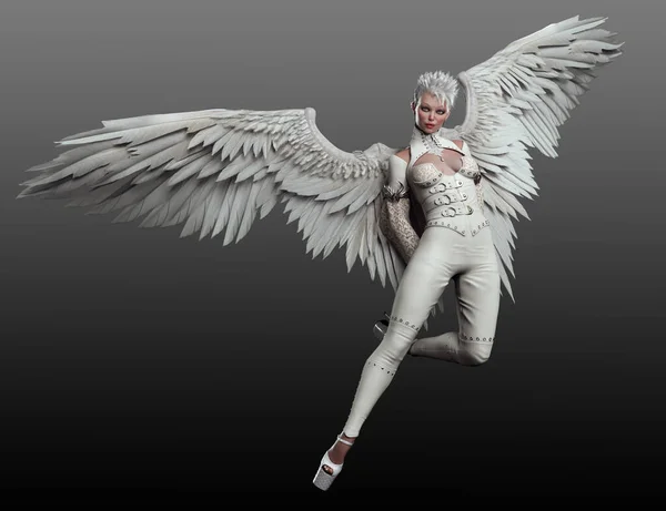 Punk Angel White Leather Dengan Sayap Putih — Stok Foto