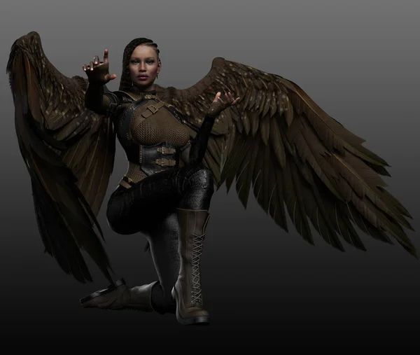 Fantasy Poc Sparrow Angel Fae Pelle Marrone Con Ali — Foto Stock