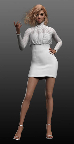 Красивая блондинка в коротком белом платье с светлыми волосами