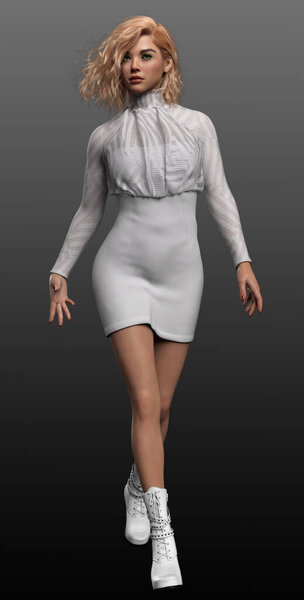 Красивая блондинка в коротком белом платье с светлыми волосами