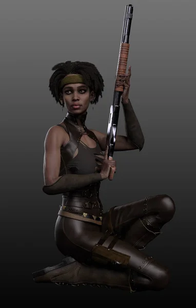 Urban Fantasy Dystopian Poc Woman Shotgun — Stock Photo, Image