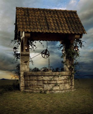 CGI Old Stone Wishing Well, Covered Water Well clipart