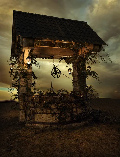 Cgi Old Stone Wishing Well Puits Couvert Eau — Photo