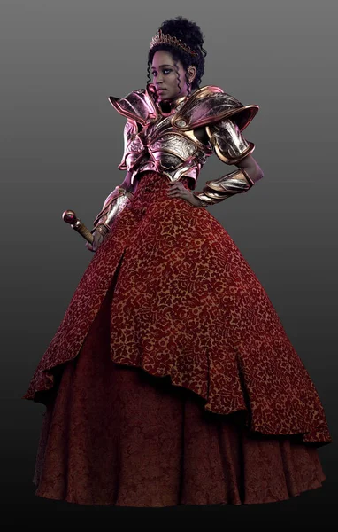 Fantezi Poc Genç Kraliçe Kırmızı Elbise Zırhlı — Stok fotoğraf