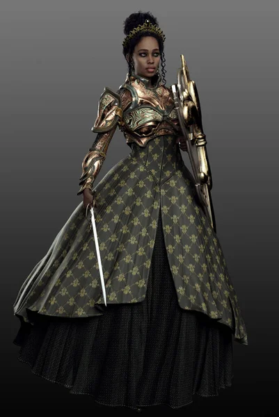 Fantasy Poc Queen Armor Green Brocade Dress Sword — Stock Photo, Image