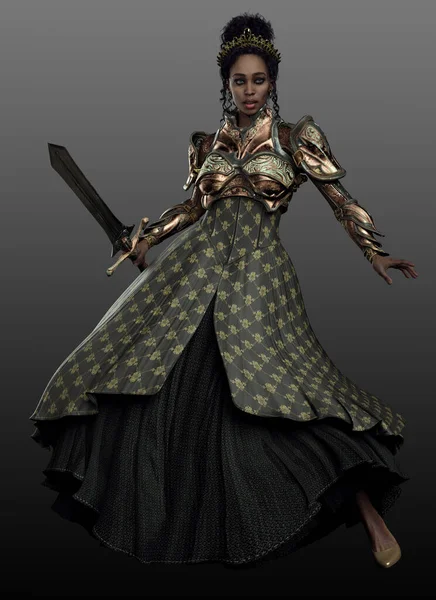 Fantasy Poc Queen Armor Green Brocade Dress Sword — 스톡 사진