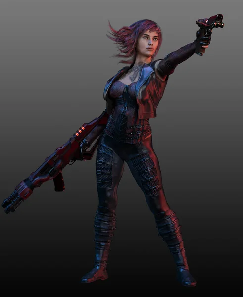 Scifi Cyber Warrior Femme Avec Pistolet Cheveux Roux — Photo