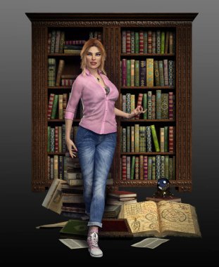 Eski Kitaplar Üzerine Büyülü Kütüphane Kızı