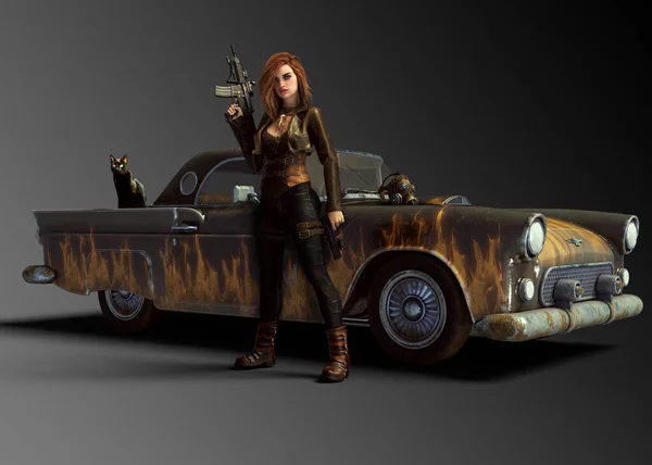 Post Αποκάλυψη Fantasy Πολεμιστής Γυναίκα Στο 1950 Σκουριασμένο Αυτοκίνητο Όπλο — Φωτογραφία Αρχείου