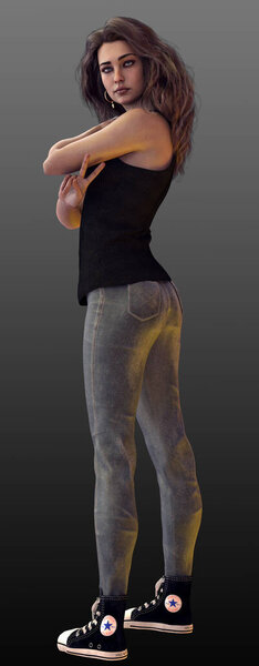 Woman in Black Tank, Jeans, and Chucks