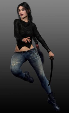 Kotlu gotik kız ve Katana ile siyah deri.