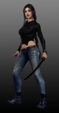 Kotlu gotik kız ve Katana ile siyah deri.