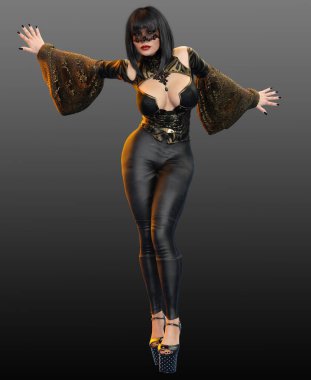 Siyah ve Altın Dantelli Siyah Deri Pinup Catsuit