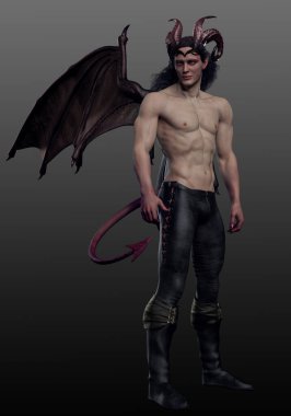 Seksi kaslı erkek şeytan ya da ejderha kanatları ve kuyruğu olan şeytan