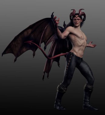 Seksi kaslı erkek şeytan ya da ejderha kanatları ve kuyruğu olan şeytan