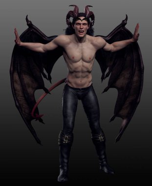 Seksi kaslı erkek şeytan ya da ejderha kanatları ve kuyruğu olan şeytan