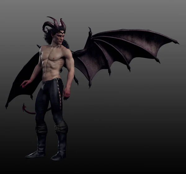 Сексуальный Мускулистый Демон Дьявол Крыльями Дракона Хвостом — стоковое фото