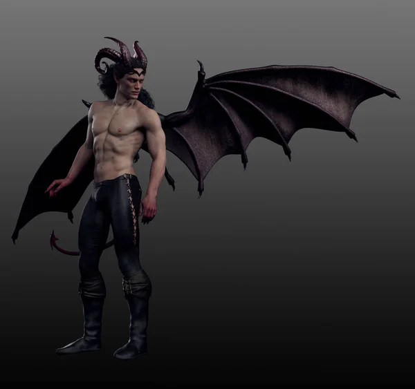 Sexy Muscular Macho Demonio Diablo Con Dragón Alas Cola — Foto de Stock