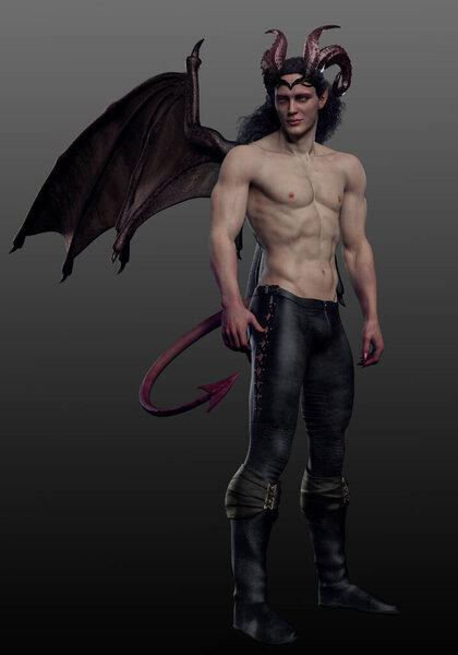 Сексуальный мускулистый демон или дьявол с крыльями дракона и хвостом