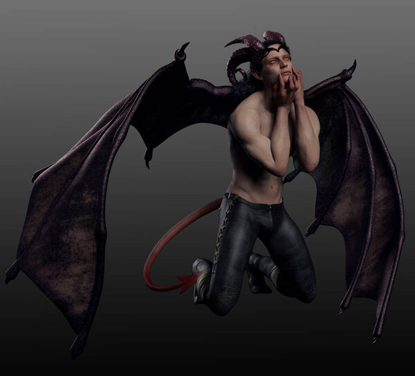 Сексуальный мускулистый демон или дьявол с крыльями дракона и хвостом