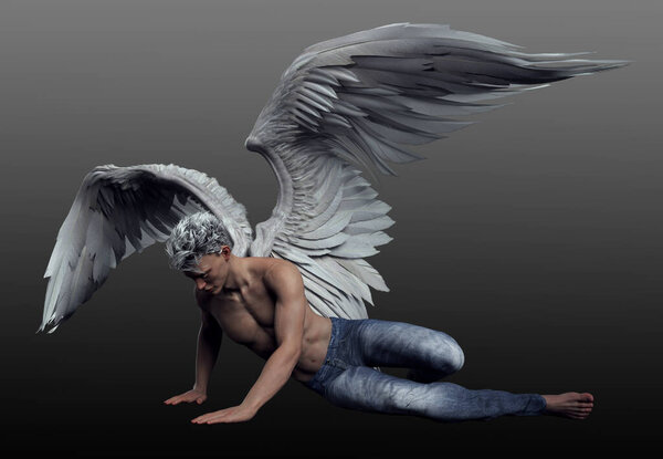 Tormented Pale Angel with White Wings, shirtless, jeans, barefoot