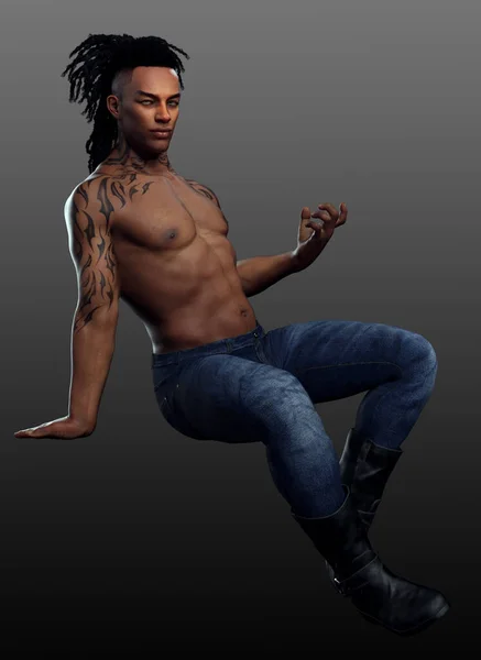 Urban Fantasy Male PoC, Shirtless with Tribal Tattoos and Dreads