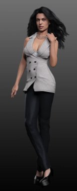 Siyah pantolonlu güzel esmer kadın ve yüksek topuklu siyah botlar.