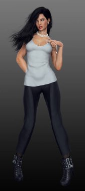 Siyah pantolonlu güzel esmer kadın ve yüksek topuklu siyah botlar.