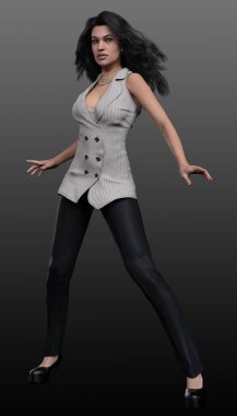 Siyah pantolonlu güzel esmer kadın ve yüksek topuklu siyah botlar.