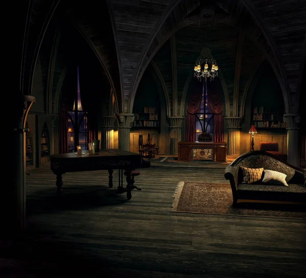 Gothic Library Eller Studie Dark Room Cgi — Stockfoto