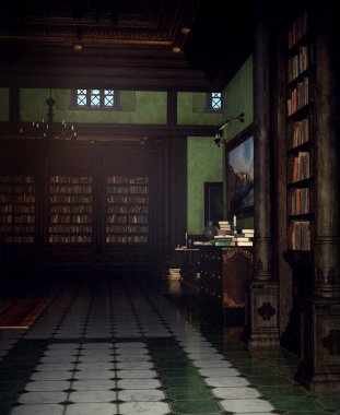 Masası ve kitaplığı olan Karanlık Fantezi CGI Kütüphanesi