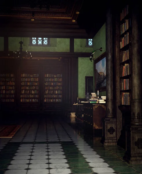 Темная Библиотека Cgi Письменным Столом Книжными Полками — стоковое фото