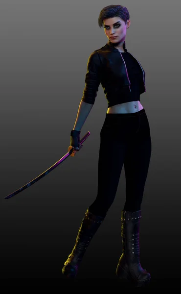 Mujer Cyberpunk Cuero Negro Con Espada Katana — Foto de Stock