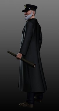 Spyglass 'lı Üniformalı Yaşlı Deniz Feneri Bekçisi