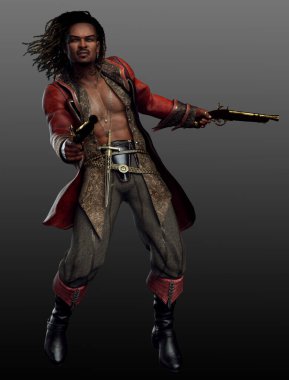 Fantasy Steampunk POC Pirate Male with Dreads and Pistols clipart